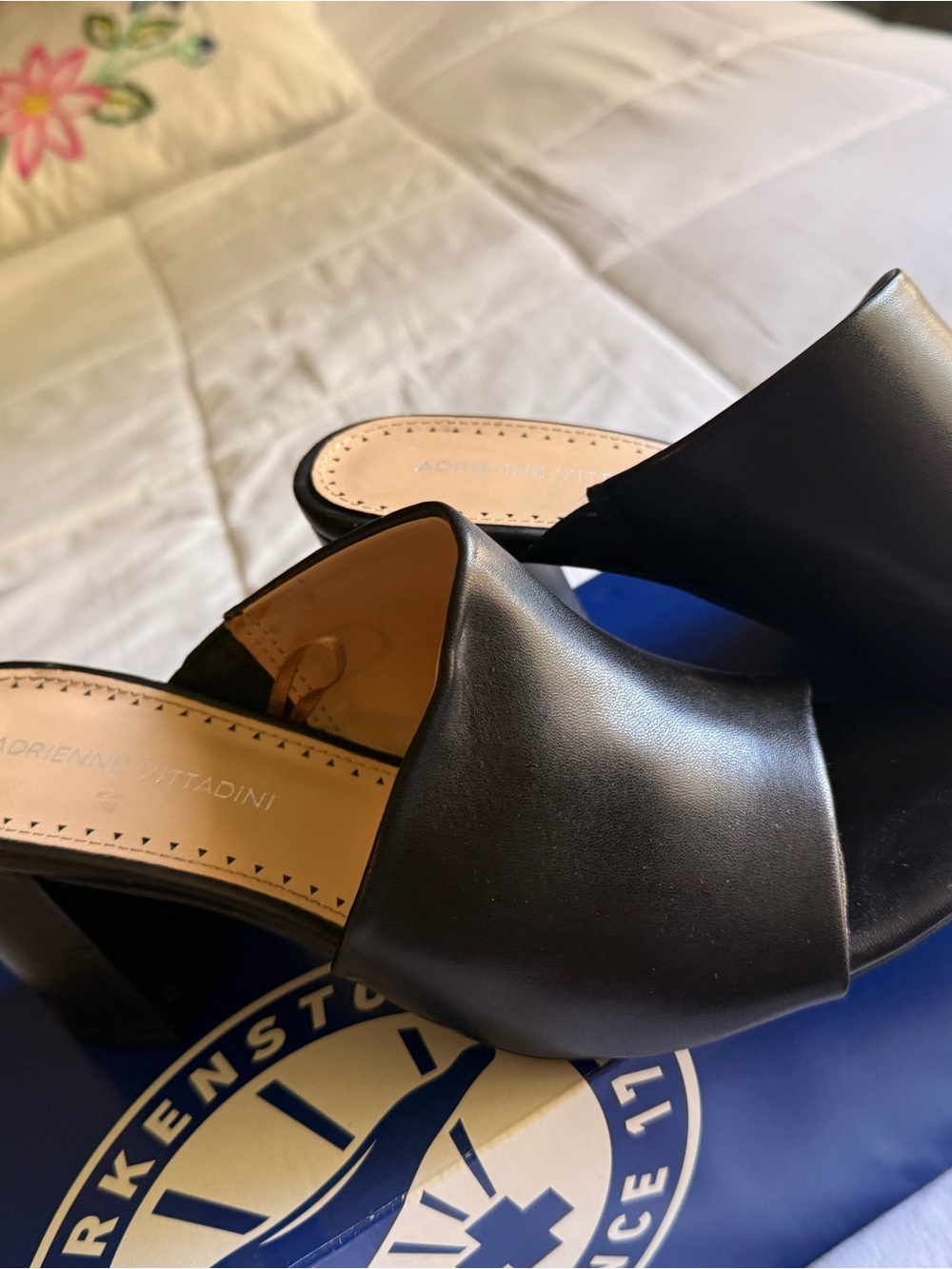Adrianna Papell Black Leather Block Heel Mule